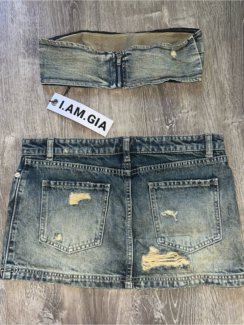 I.AM.GIA Distressed Denim Skirt Set in Faded Blue - Picture 2 of 5